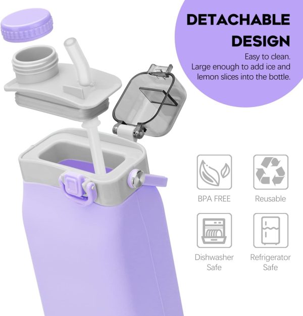 Collapsible Water Bottles, 20oz Silicone Reusable Water Bottle with Straw and Strap, Leakproof Foldable Sports Water Bottle for Travel Camping Running Hiking Gym, BPA Free - Image 3