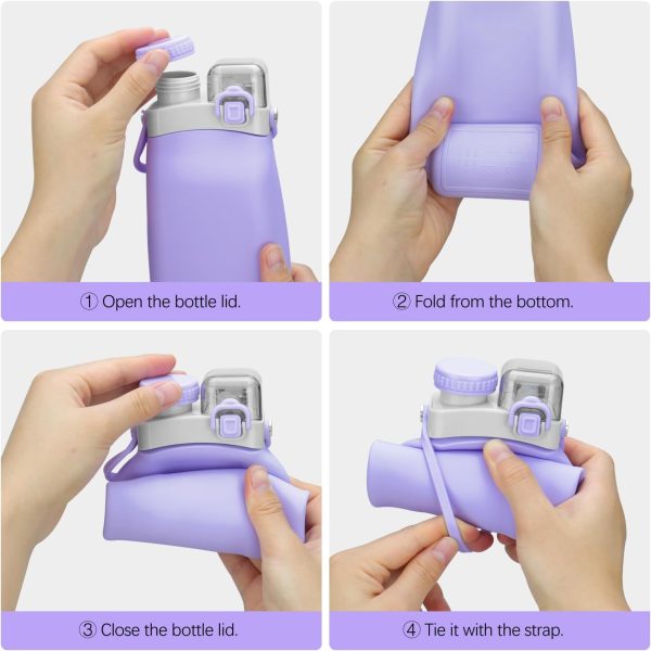 Collapsible Water Bottles, 20oz Silicone Reusable Water Bottle with Straw and Strap, Leakproof Foldable Sports Water Bottle for Travel Camping Running Hiking Gym, BPA Free - Image 6