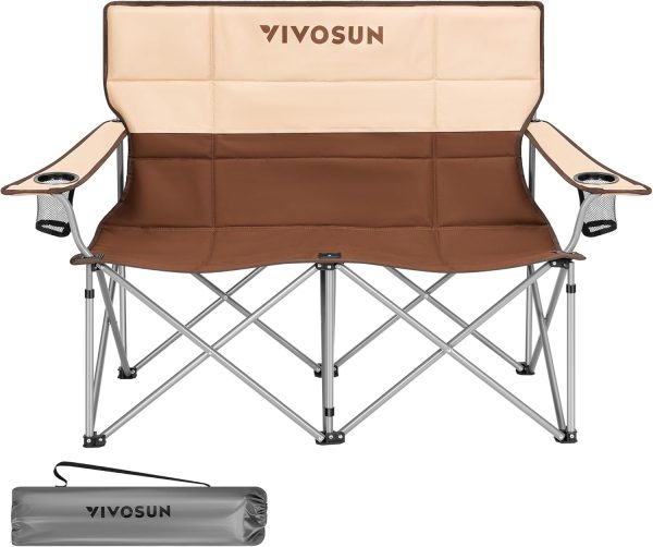 VIVOSUN Double Camping Chair, Fully Padded Folding Loveseat, Portable Oversized Duo Chair with Storage Cup Holders, Height-Adjustable Armrests & Carry Bag, Supports up to 500lbs, Brown & Cream