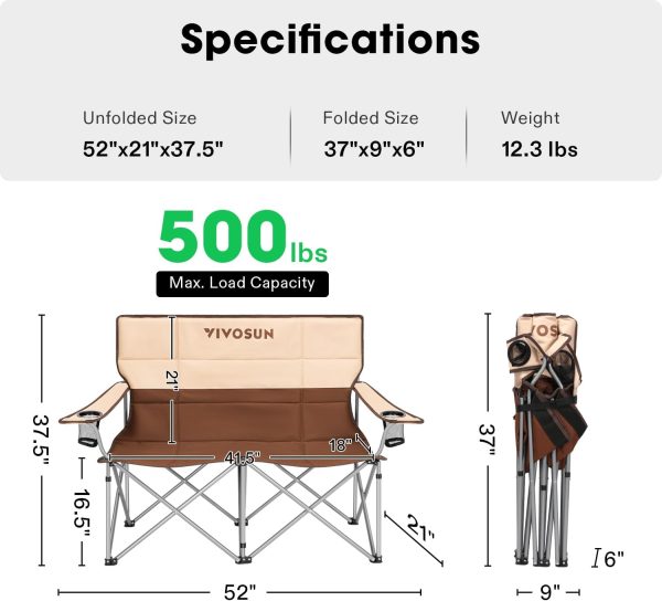 VIVOSUN Double Camping Chair, Fully Padded Folding Loveseat, Portable Oversized Duo Chair with Storage Cup Holders, Height-Adjustable Armrests & Carry Bag, Supports up to 500lbs, Brown & Cream - Image 2