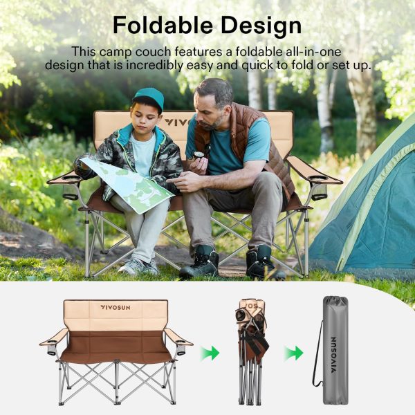 VIVOSUN Double Camping Chair, Fully Padded Folding Loveseat, Portable Oversized Duo Chair with Storage Cup Holders, Height-Adjustable Armrests & Carry Bag, Supports up to 500lbs, Brown & Cream - Image 4