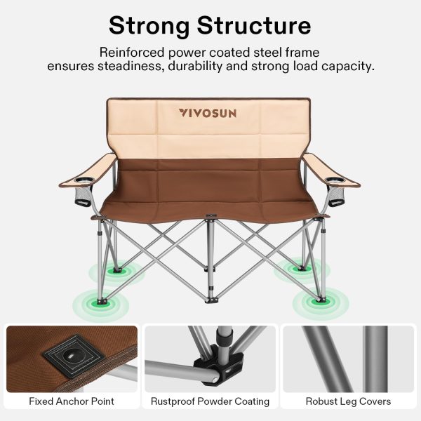 VIVOSUN Double Camping Chair, Fully Padded Folding Loveseat, Portable Oversized Duo Chair with Storage Cup Holders, Height-Adjustable Armrests & Carry Bag, Supports up to 500lbs, Brown & Cream - Image 5