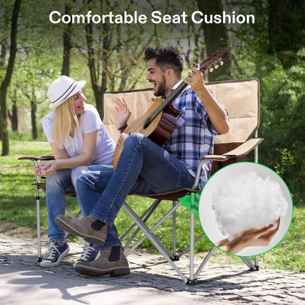 VIVOSUN Double Camping Chair, Fully Padded Folding Loveseat, Portable Oversized Duo Chair with Storage Cup Holders, Height-Adjustable Armrests & Carry Bag, Supports up to 500lbs, Brown & Cream - Image 8