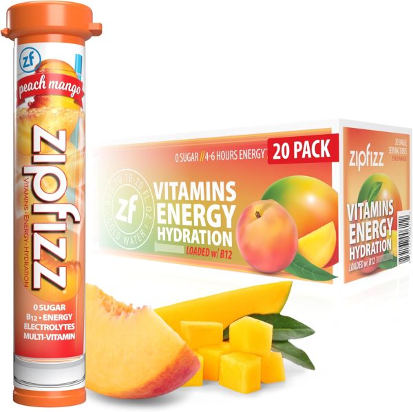 Zipfizz Daily Energy Drink Powder, Peach Mango, 20 Pack | 3-in-1 Sustained Energy, Rapid Hydration, and Essential Vitamins | Sugar-Free | Electrolyte Powder | Contains Vitamin B-12 & Antioxidants