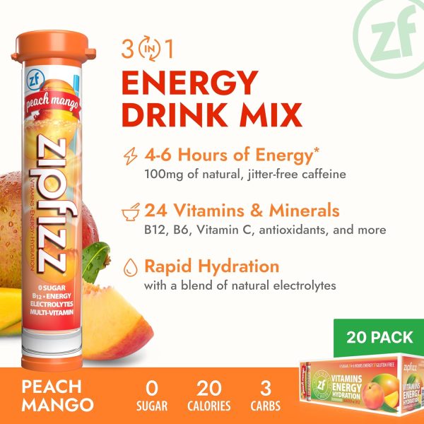Zipfizz Daily Energy Drink Powder, Peach Mango, 20 Pack | 3-in-1 Sustained Energy, Rapid Hydration, and Essential Vitamins | Sugar-Free | Electrolyte Powder | Contains Vitamin B-12 & Antioxidants - Image 2